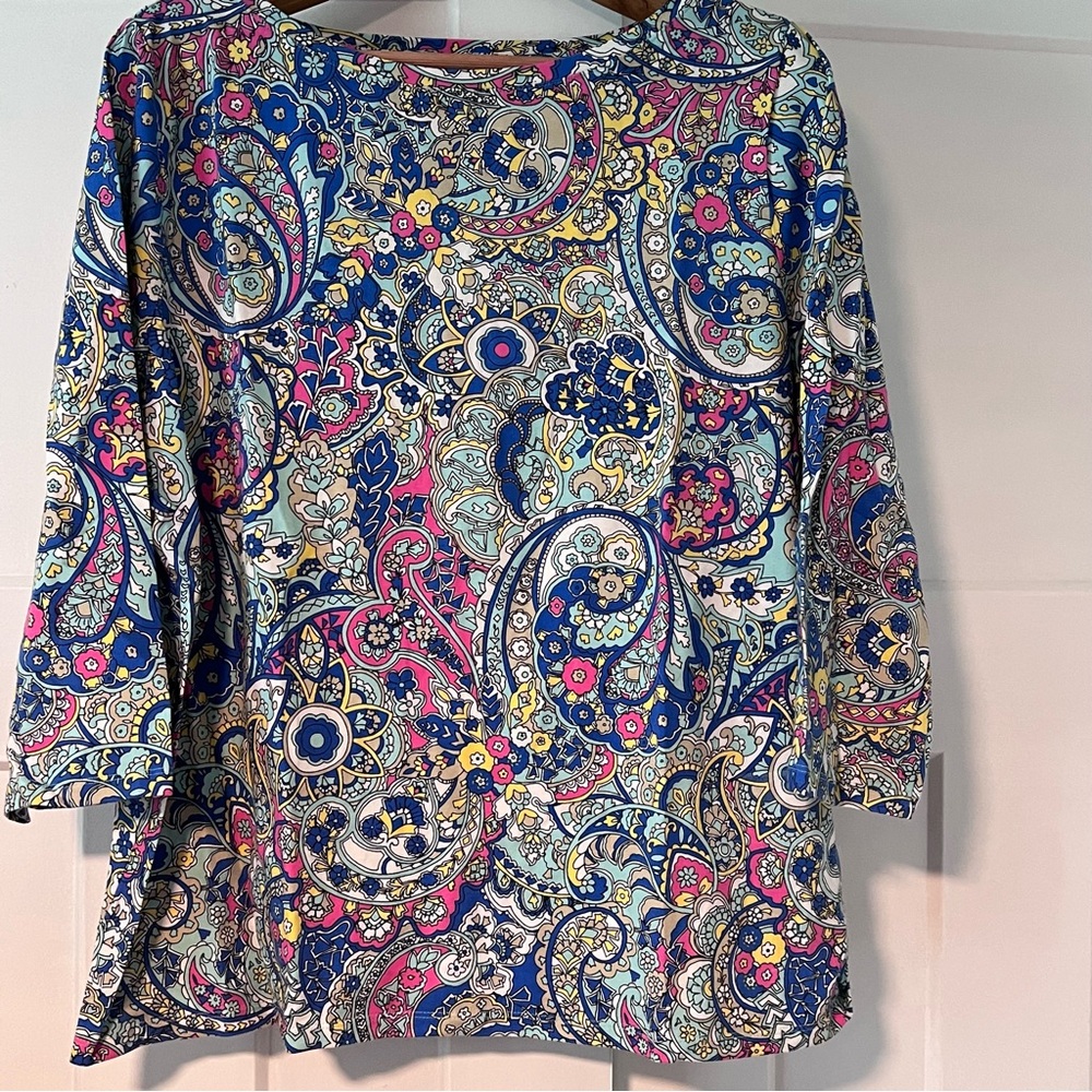 Talbots Blue and Pink Paisley Boatneck Blouse, Size 2X